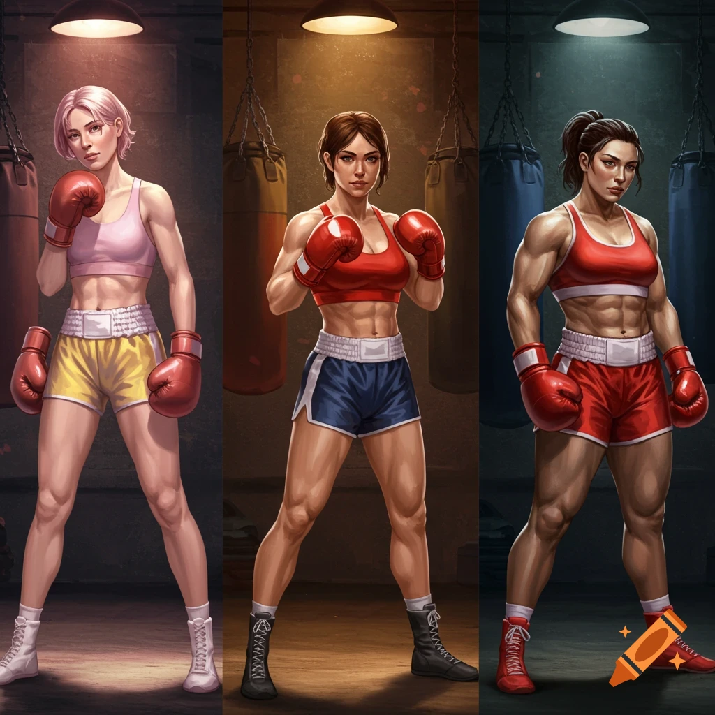 Three female boxers with varying physiques, from lean to muscular, pose in a boxing gym with punching bags. Digital illustration.