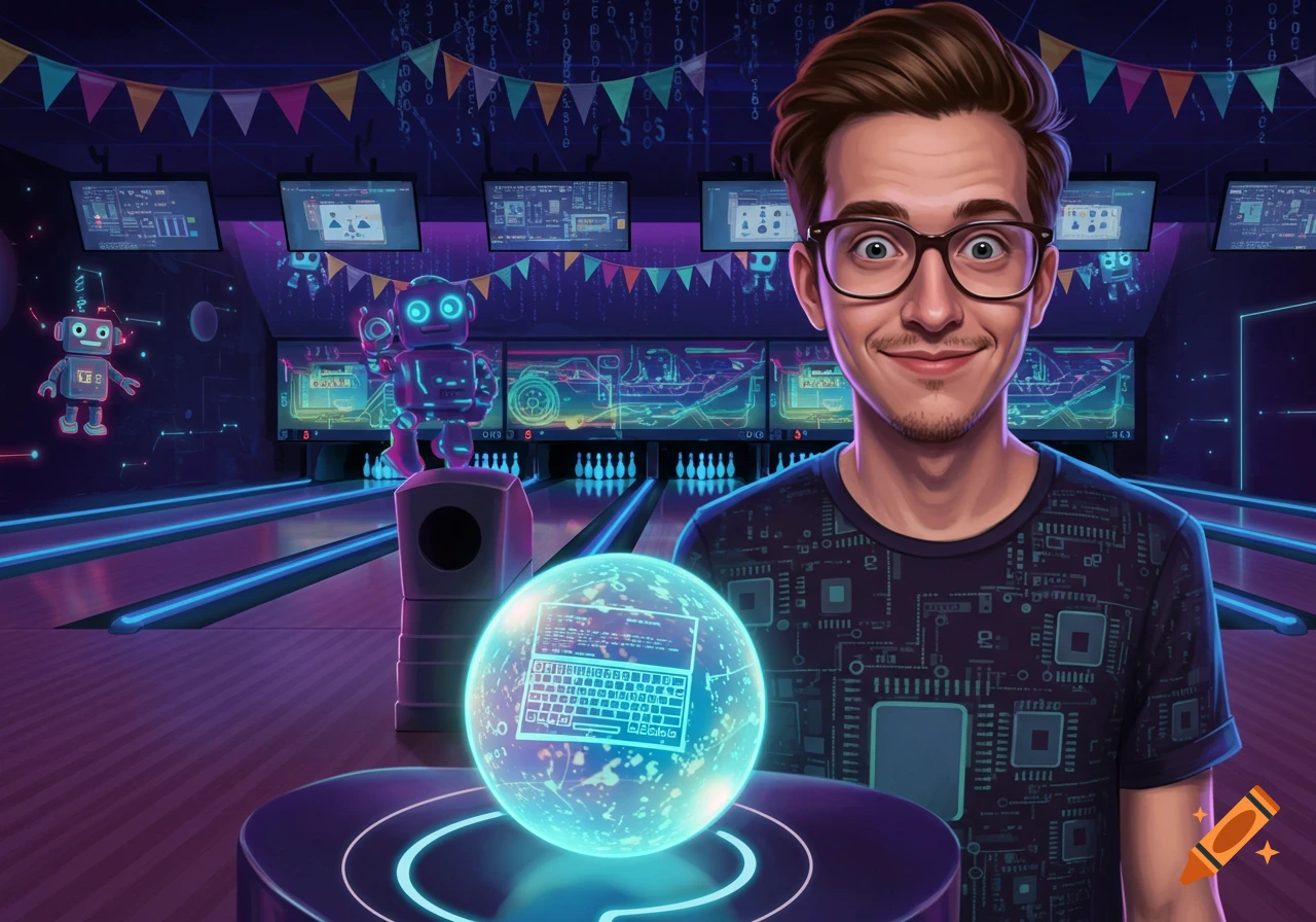 Smiling man with glasses and a circuit board shirt in a futuristic bowling alley with glowing robots and a holographic laptop ball.