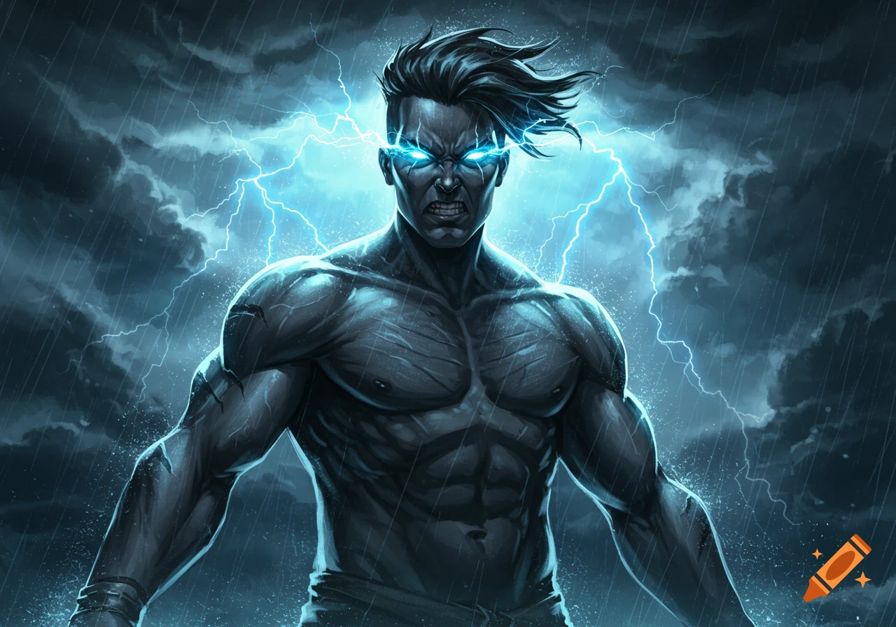 Muscular man with glowing blue eyes and lightning in a stormy, rainy sky, digital art.