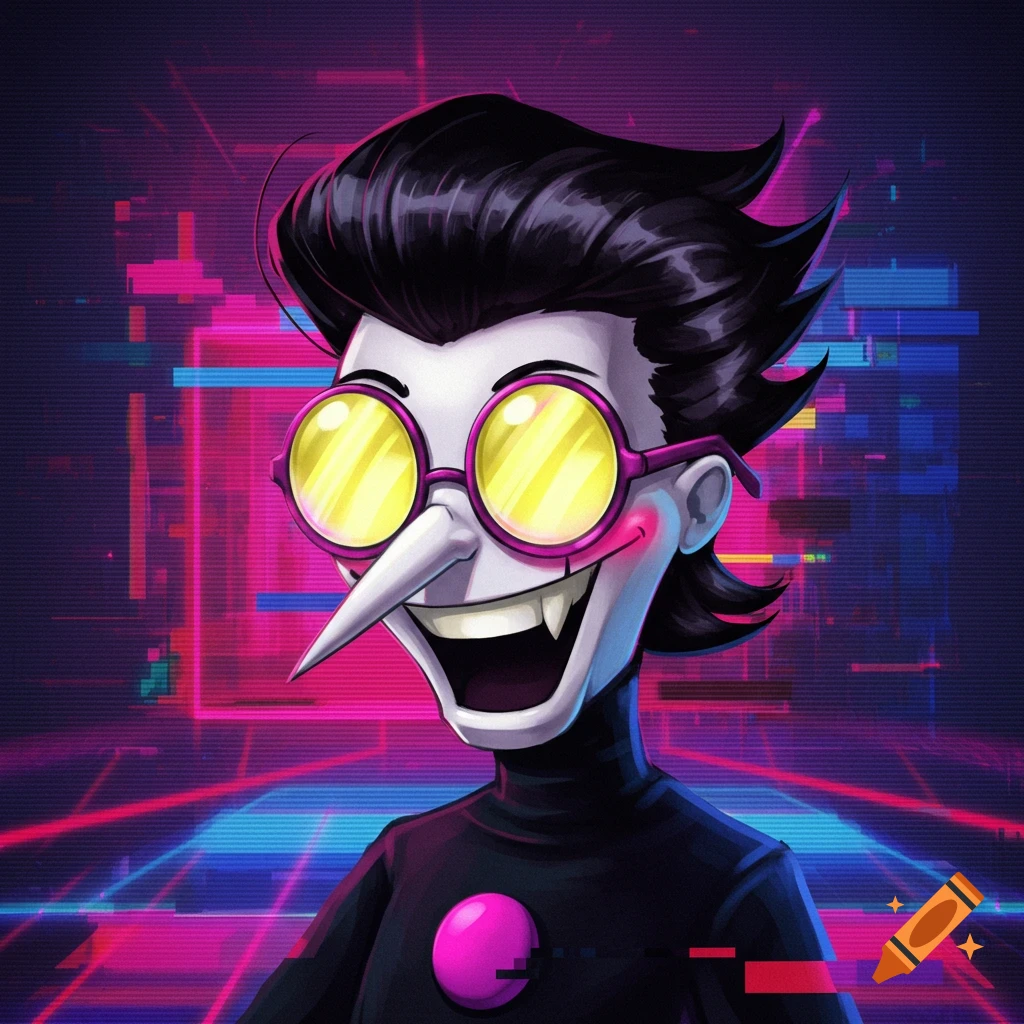 A cartoon character, Spamton from Deltarune, with slicked black hair, yellow and pink glasses, a long nose, fangs, and a wide smile, against a glitchy neon background.