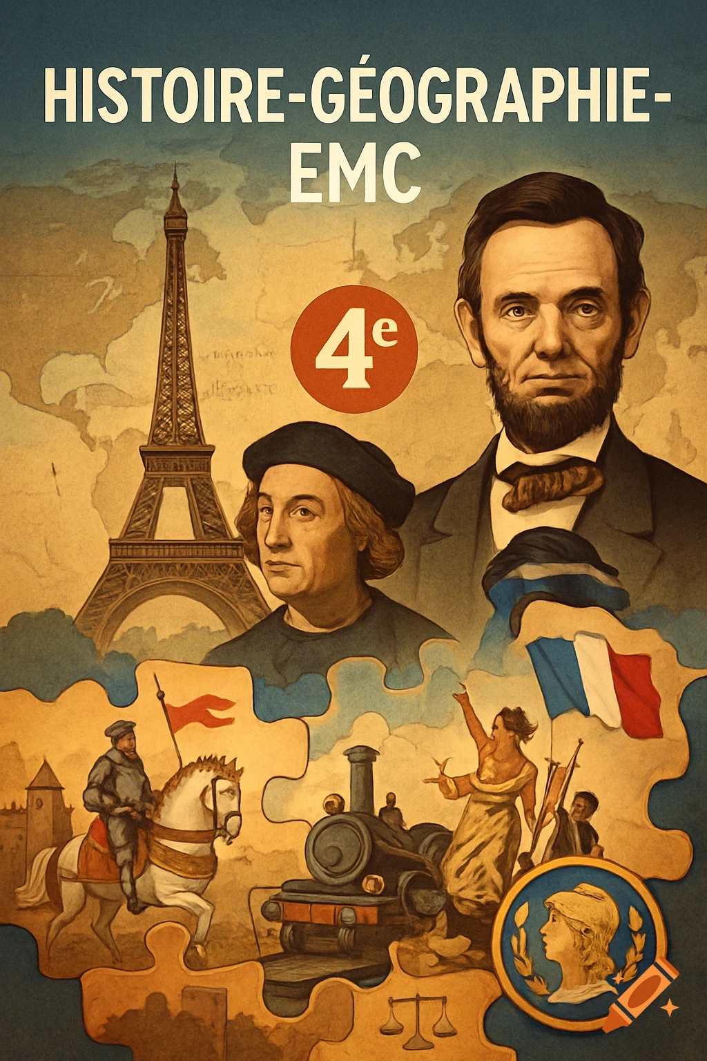 Vintage educational poster: Lincoln, Columbus, Eiffel Tower, Lady Liberty, knight, steam engine in a puzzle map style.