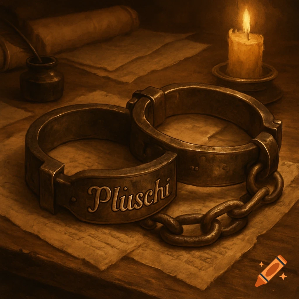 Medieval metal handcuffs with 'Plüschi' engraved, resting on old papers next to an inkwell and a lit candle, sepia-toned still life.
