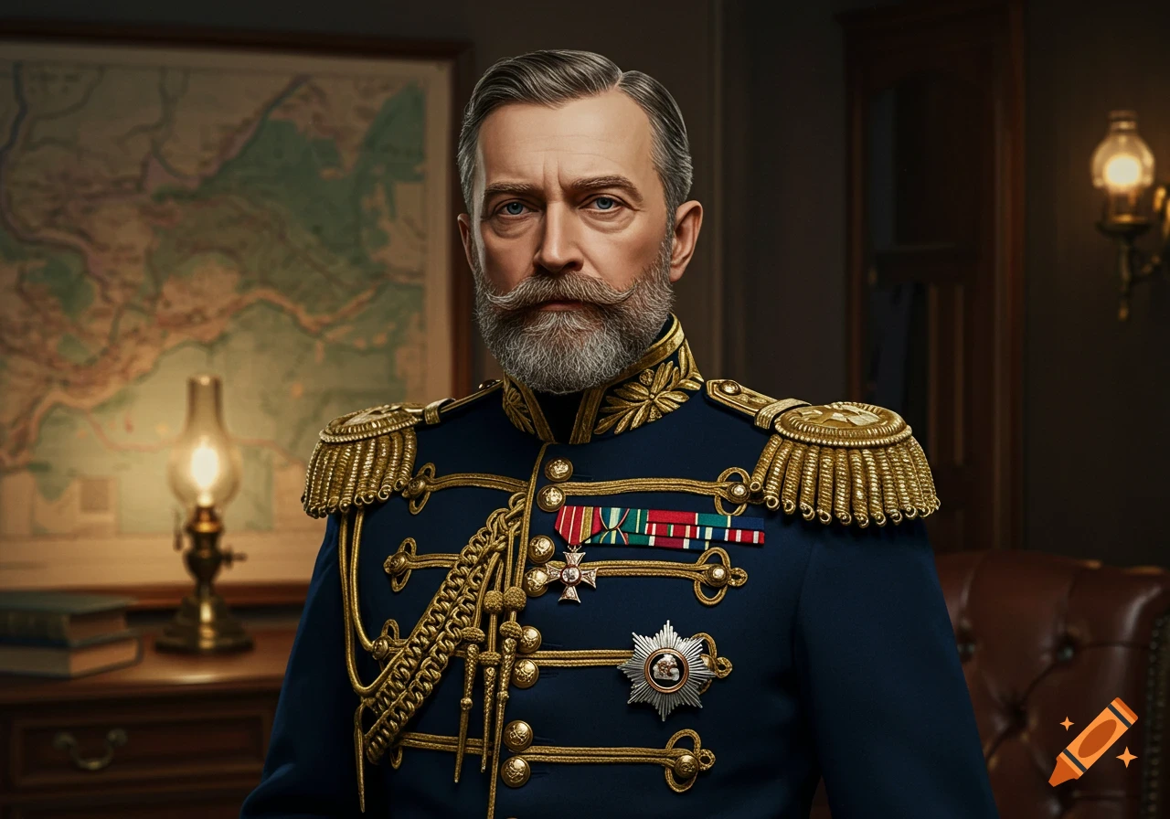 A distinguished man with a beard and mustache wearing a blue and gold Victorian-era military uniform, in a dimly lit office with a map in the background.