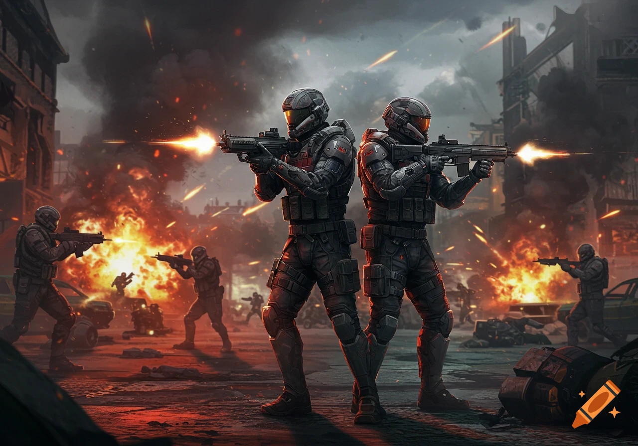 Two heavily armored soldiers in a combat zone, firing rifles amidst explosions and other distant soldiers in a dynamic, game-like illustration.