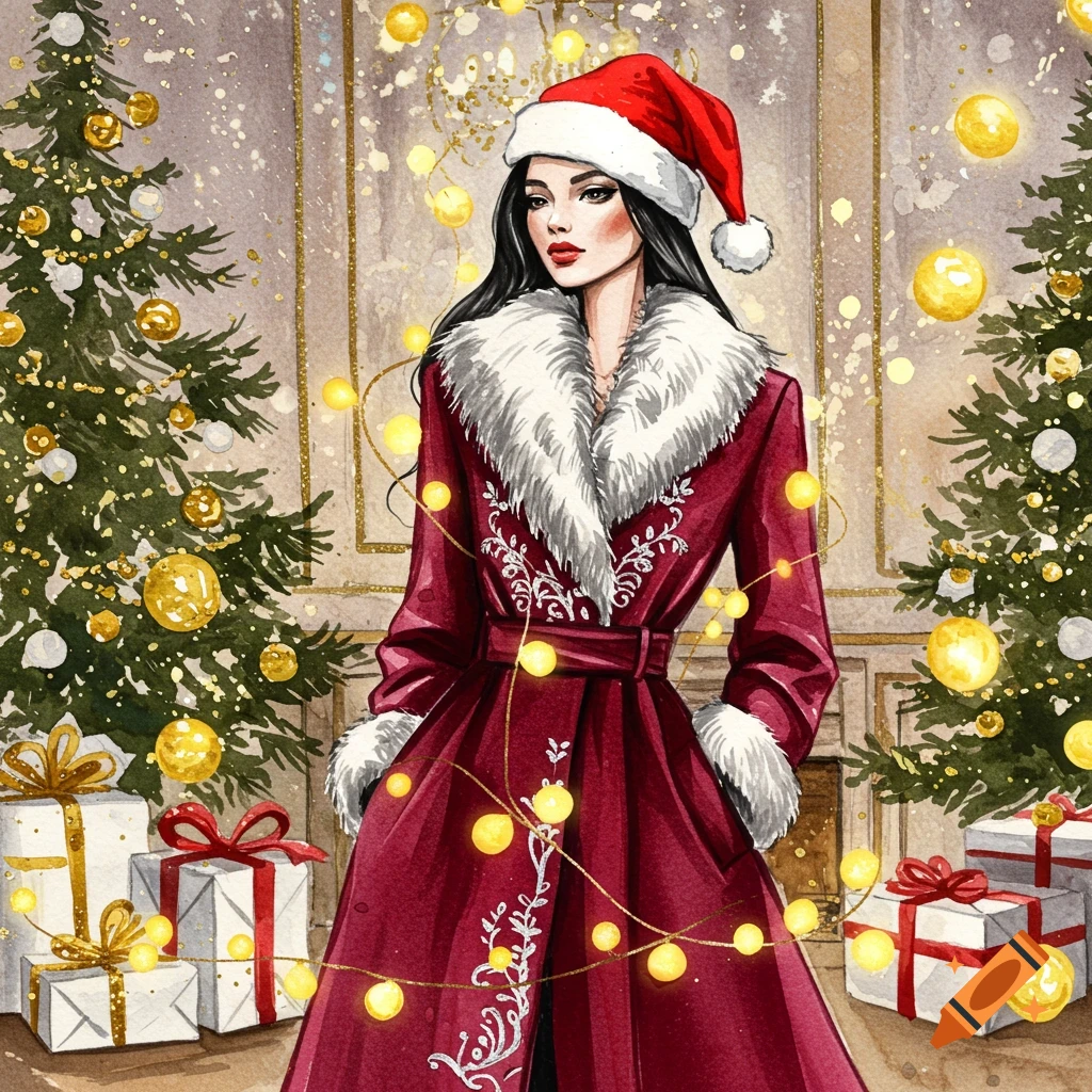 A woman in a red fur-trimmed coat and Santa hat stands between two decorated Christmas trees. Watercolor style.