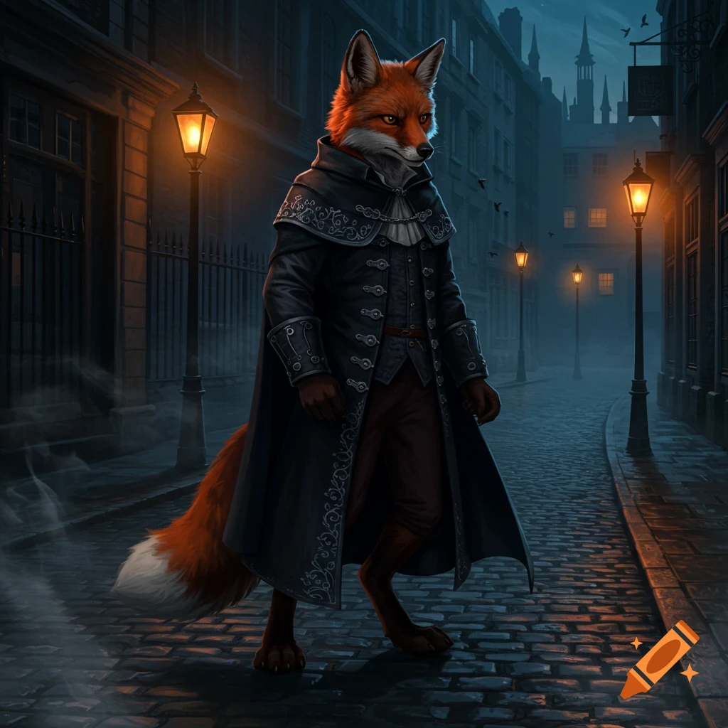 An anthropomorphic red fox in a dark Victorian coat stands on a foggy cobblestone street lit by gas lamps at night.