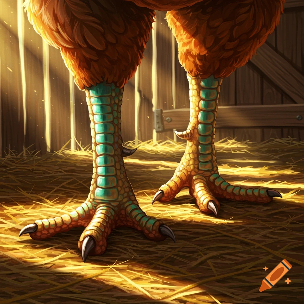 Close-up of two feathered chicken legs and scaly feet with talons standing on hay inside a sunlit barn.