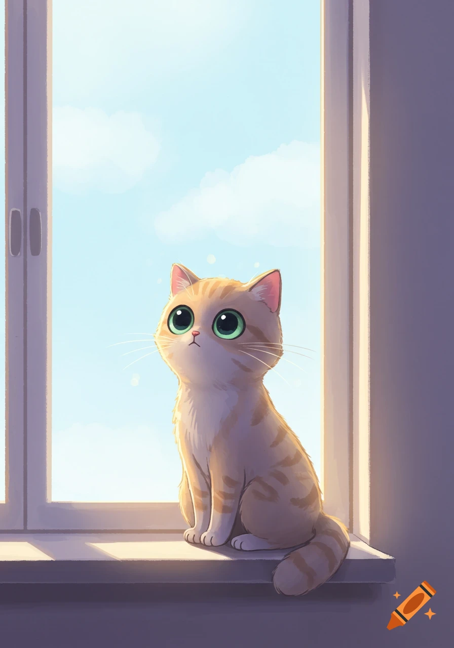 A cute orange tabby cartoon cat with big green eyes sits on a windowsill, looking up at the bright blue sky. Digital art.