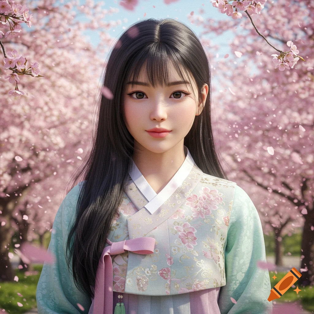 Photorealistic portrait of a Korean girl in a pastel hanbok, surrounded by pink cherry blossoms.