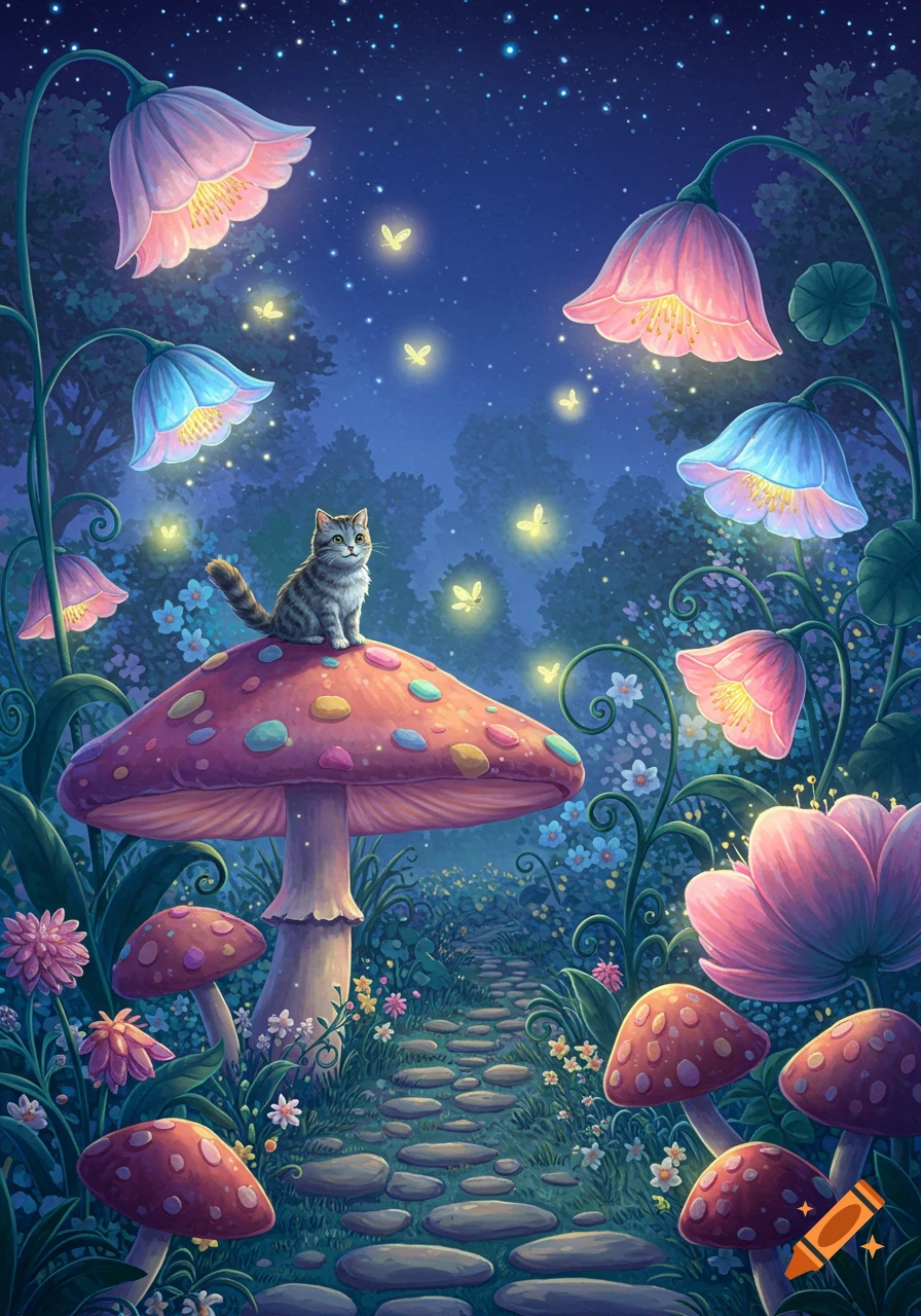 A cute tabby cat sits on a large, polka-dotted mushroom in a magical night forest with glowing flowers and fireflies, picture book style.