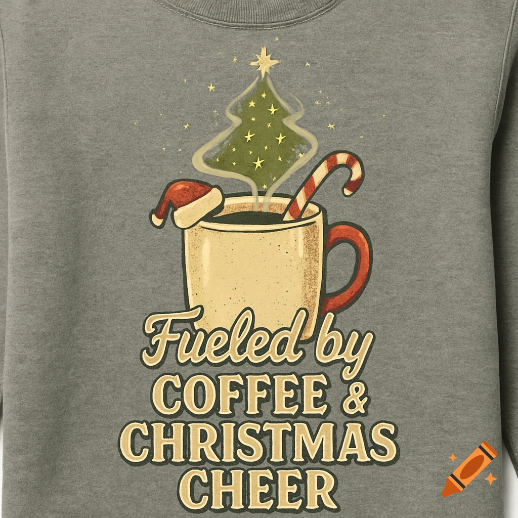 A gray sweatshirt with a retro Christmas design of a coffee mug, Santa hat, candy cane, and text 'Fueled by Coffee & Christmas Cheer'.