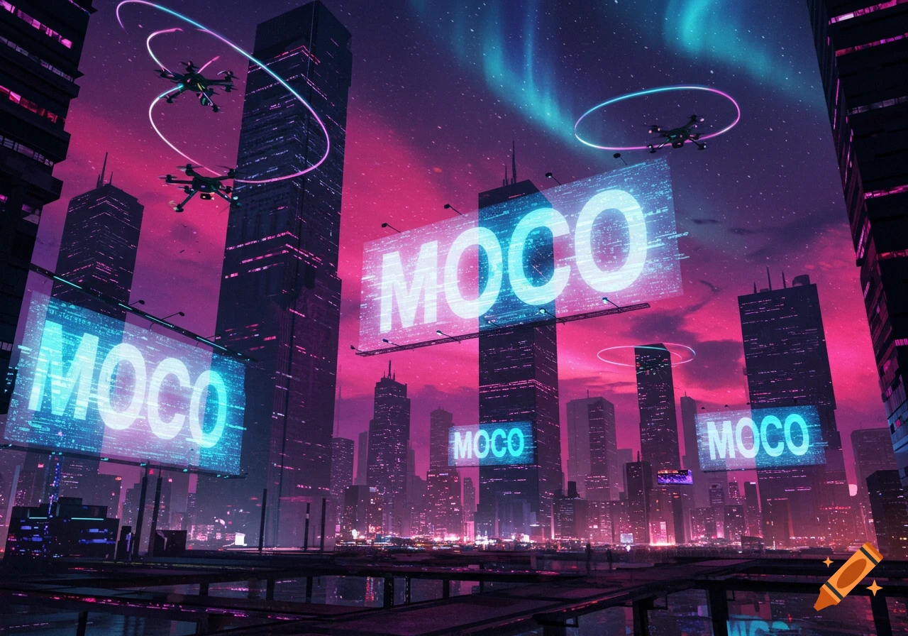 A neon cyberpunk cityscape at night with glowing MOCO billboards, flying drones, and vibrant purple and blue skies.