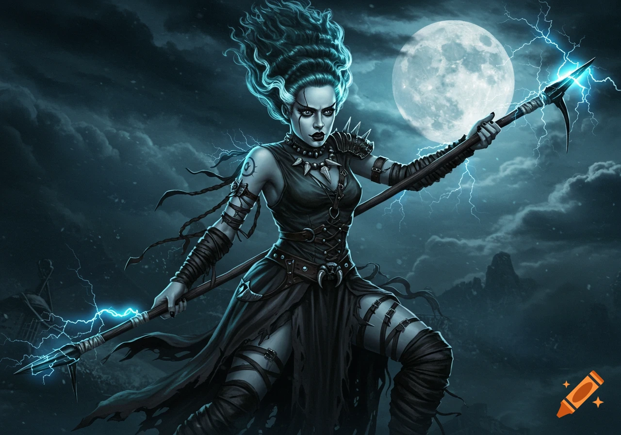 Savage Bride of Frankenstein with glowing blue hair and lightning staff, under a full moon in a stormy dark fantasy illustration.
