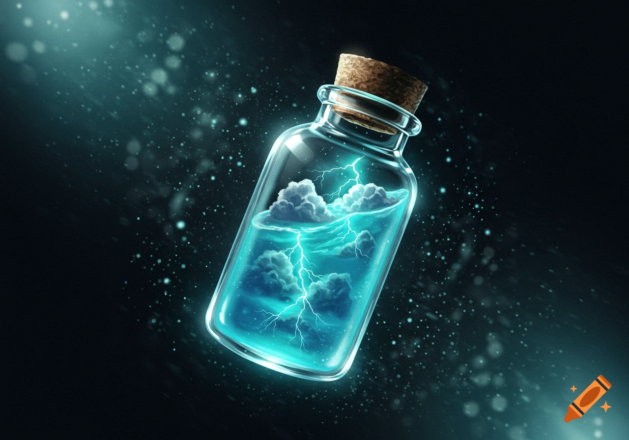 A glass bottle with a cork stopper contains swirling blue-green liquid with tiny storm clouds and lightning, surrounded by sparkling particles.