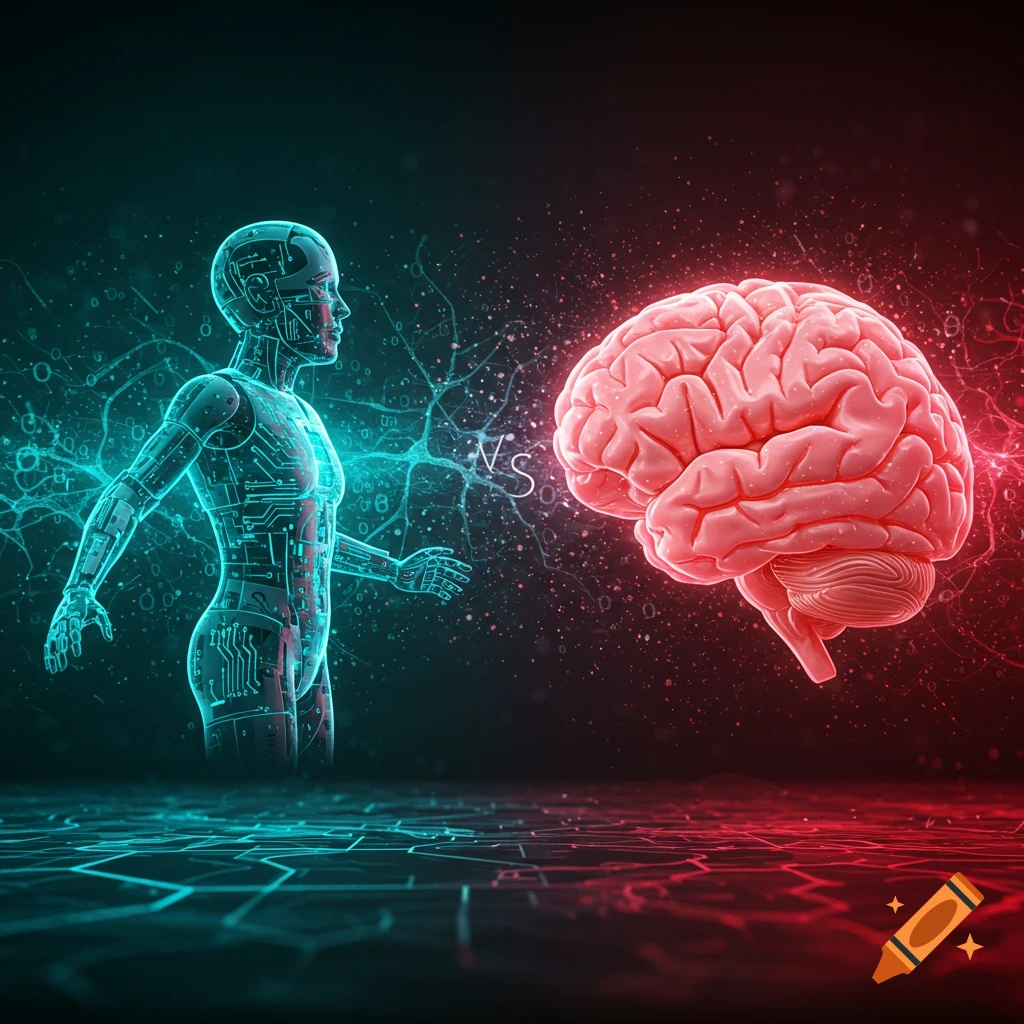 Stylized blue circuit AI figure and a red brain with 'VS' in a dark, glowing conceptual scene.