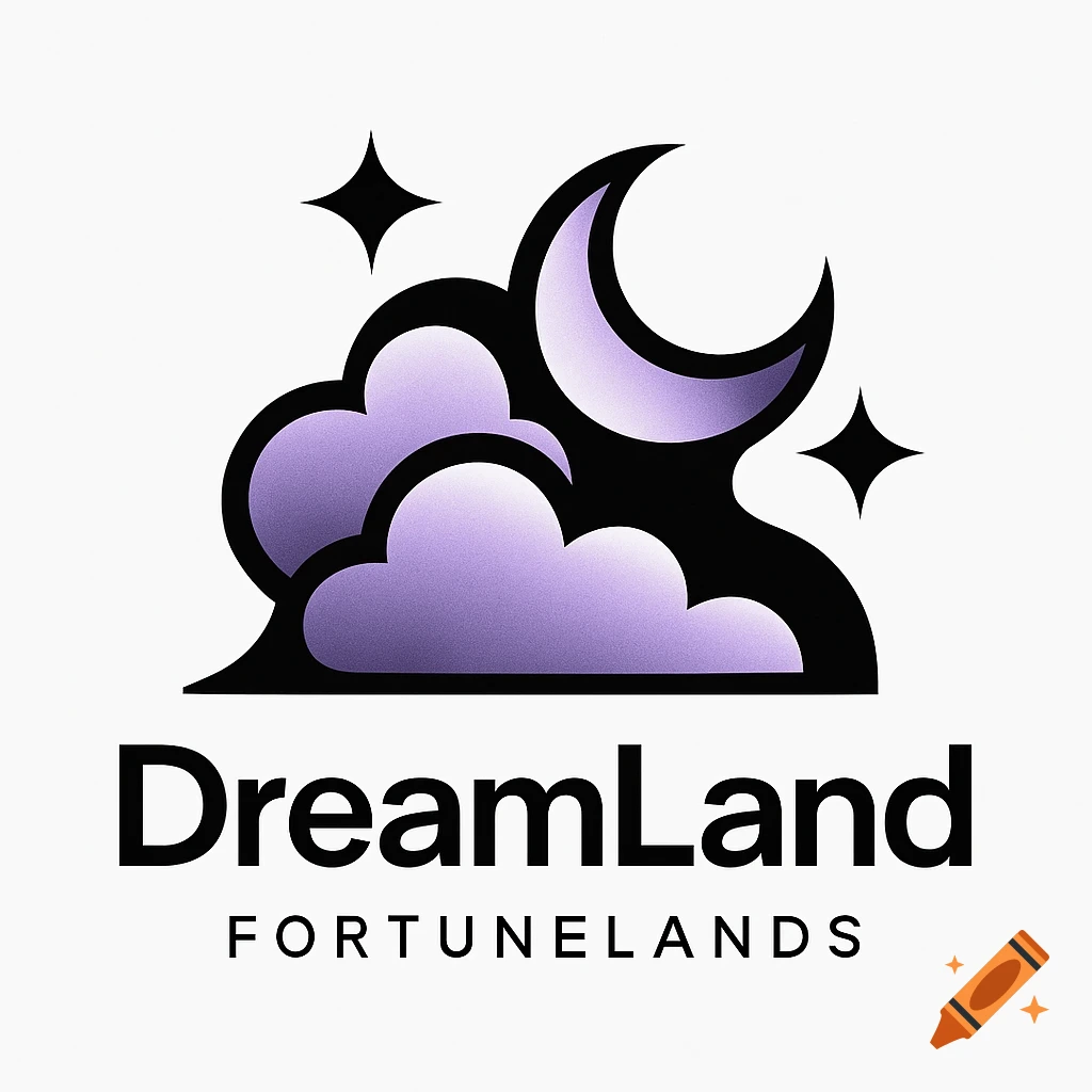 A minimalist logo for DreamLand and FortuneLands featuring purple clouds, a crescent moon, and stars on a white background.