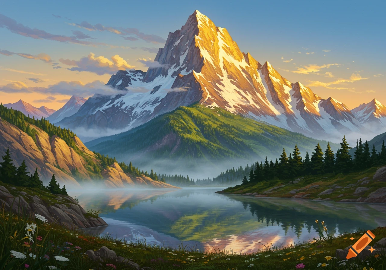 A majestic snow-capped mountain glows golden at sunrise, reflected in a serene lake with green forests and wildflowers. Digital painting.
