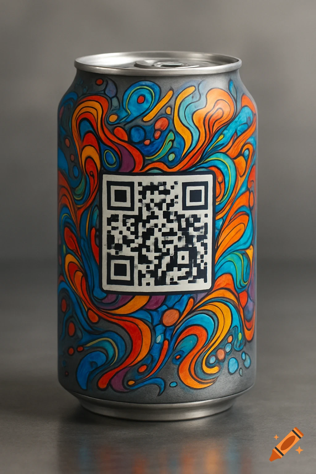 A close-up of a soda can with a colorful abstract design in blue, orange, and red, featuring a central black and white QR code.
