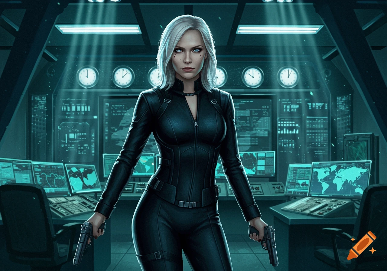 A white-haired female agent in a black suit holds two pistols in a dark, high-tech control room with glowing screens and clocks.