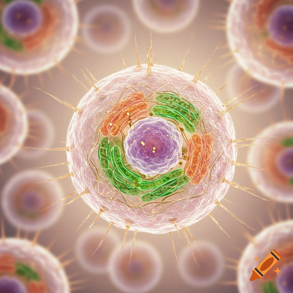Detailed 3D scientific illustration of a single animal cell with visible organelles, surrounded by blurred cells.
