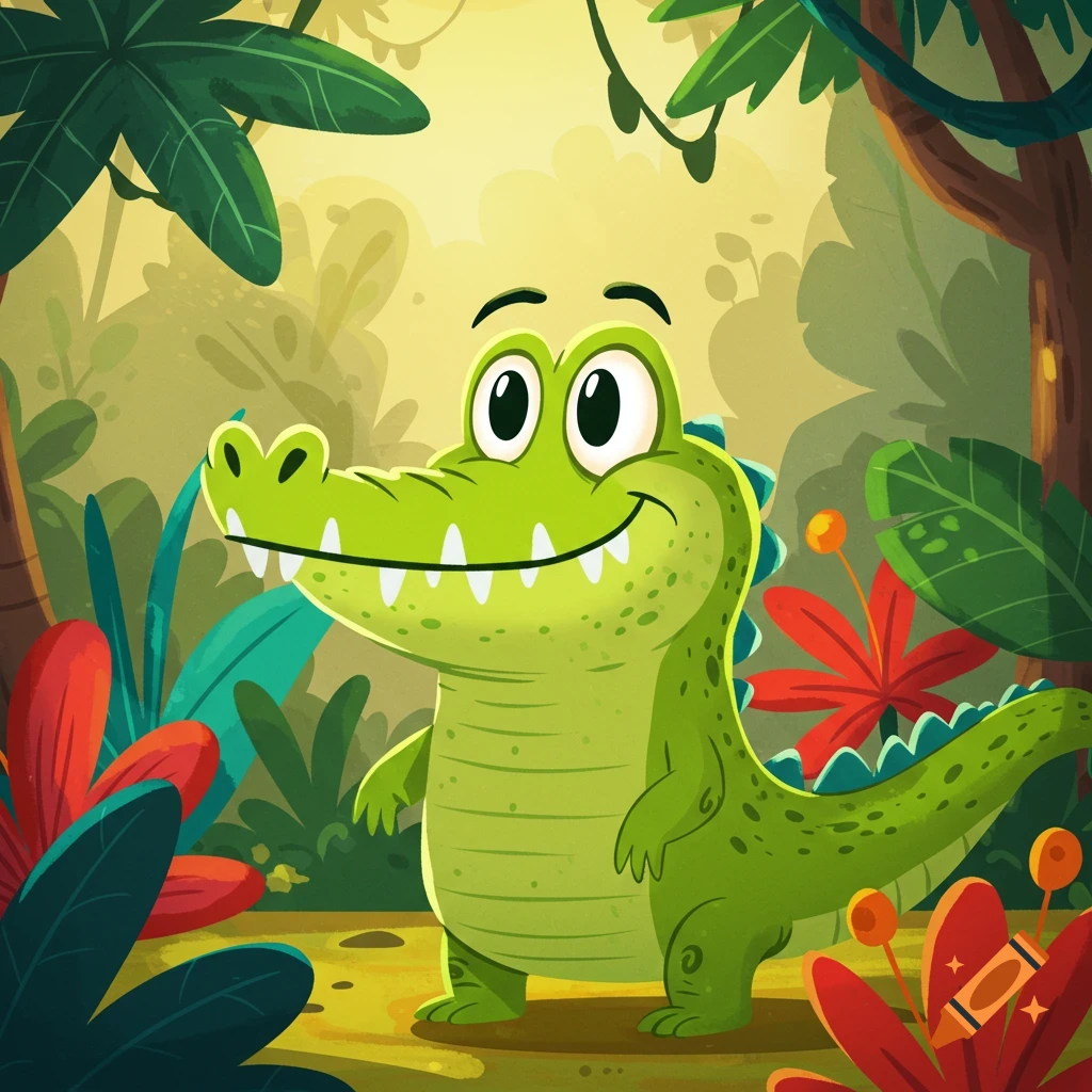 A cheerful green cartoon alligator smiles in a vibrant jungle with large leaves and red flowers.