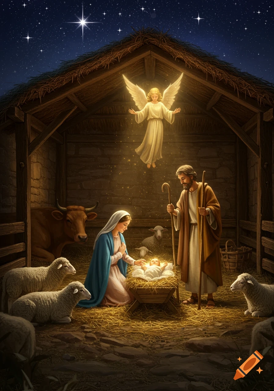 Detailed illustration of the Nativity scene with Mary, Joseph, and Baby Jesus in a stable, an angel above, and animals under a starry night.
