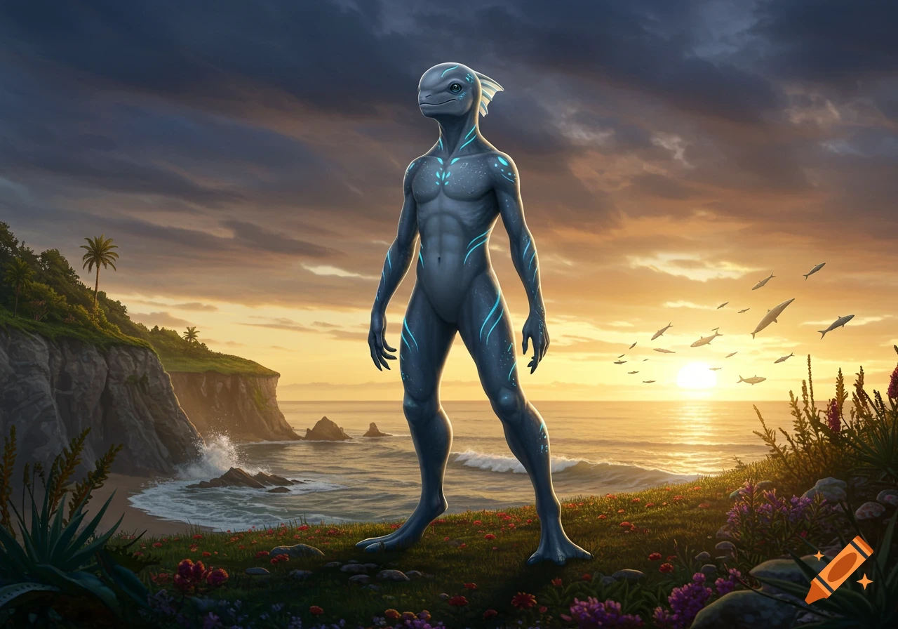 A grey dolphin-humanoid with glowing blue patterns stands on a grassy cliff overlooking a beach and ocean at sunset.