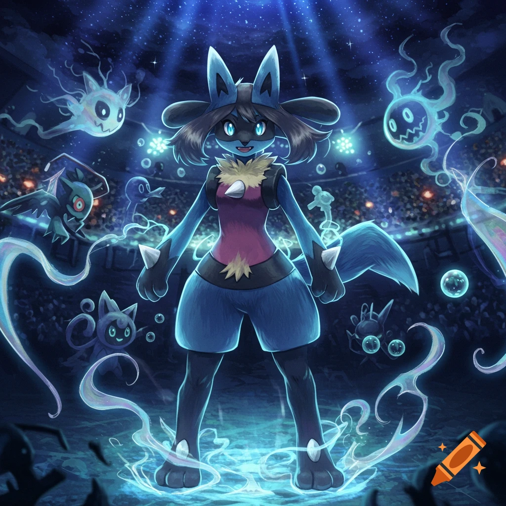 A humanoid Lucario-like creature stands in a dark stadium surrounded by glowing ghost Pokemon and bubbles.