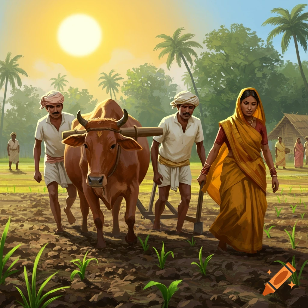 A man and a woman work with an ox to plow fields in a sunny, rural Indian village, with palm trees and huts in the background.