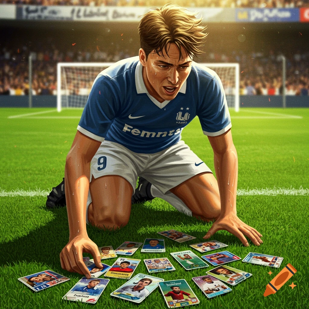 A male soccer player kneels on a green field, intensely looking at scattered trading cards in an illustrative style.