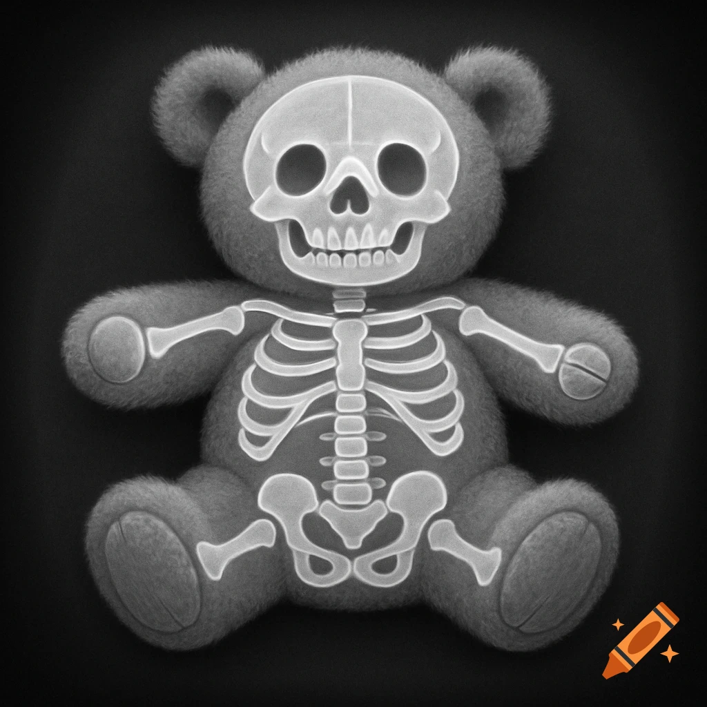 X-ray illustration of a fuzzy teddy bear revealing a stylized skeleton within, on a dark background.