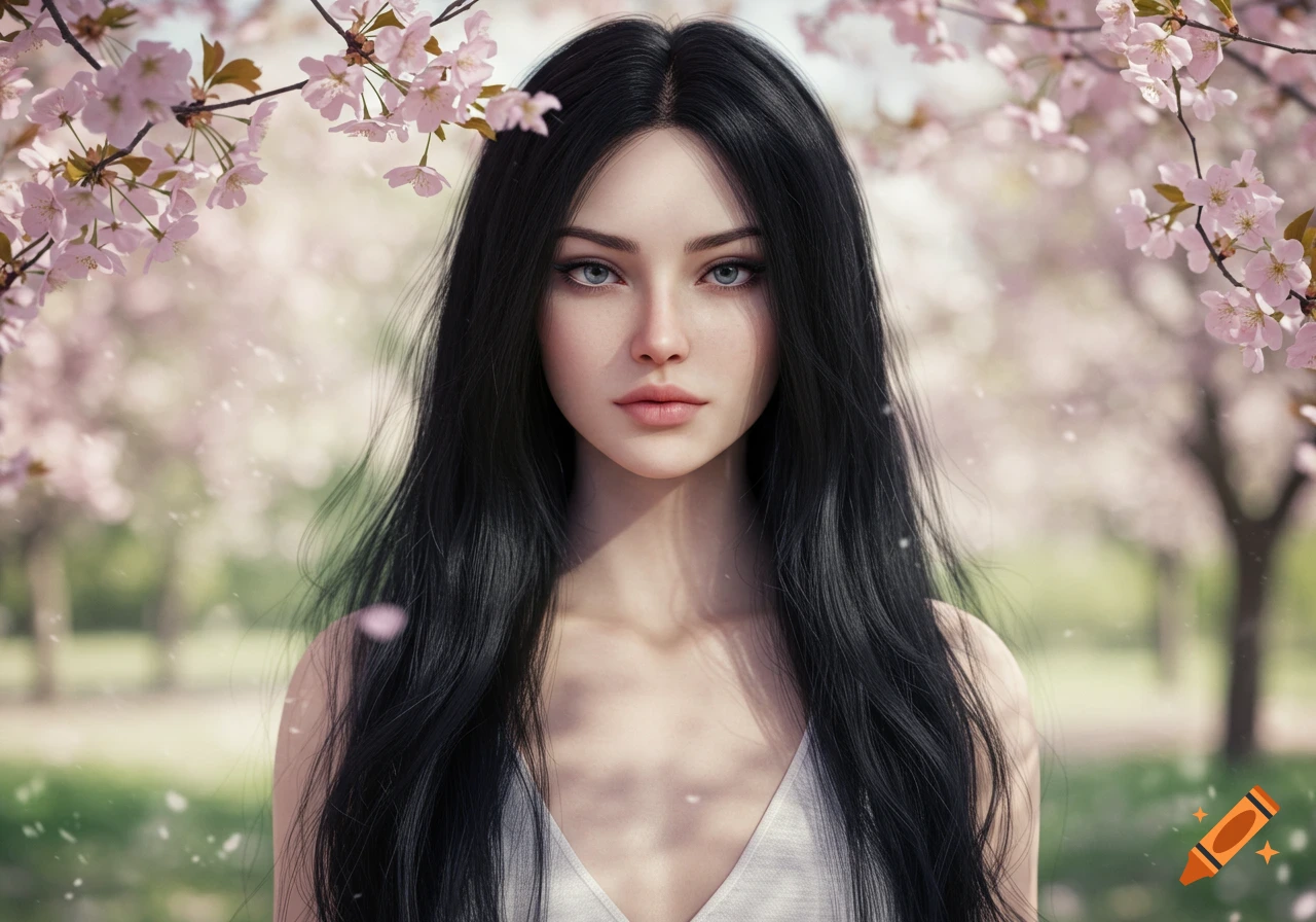 Photorealistic portrait of a woman with pale skin and long black hair, looking directly at the viewer, framed by pink cherry blossoms.