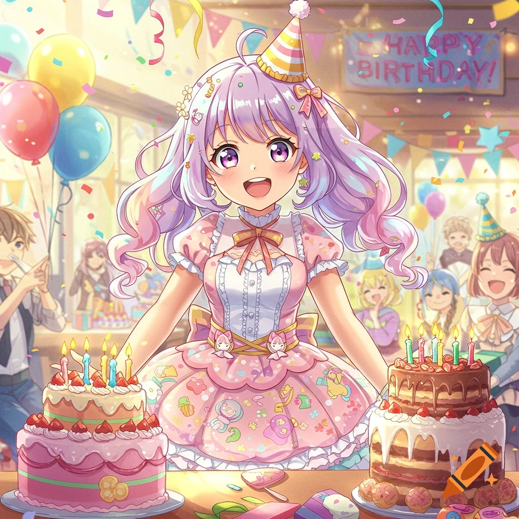 An adorable anime girl in a pink dress and party hat smiles excitedly amidst balloons, cakes, and confetti at a colorful birthday party.