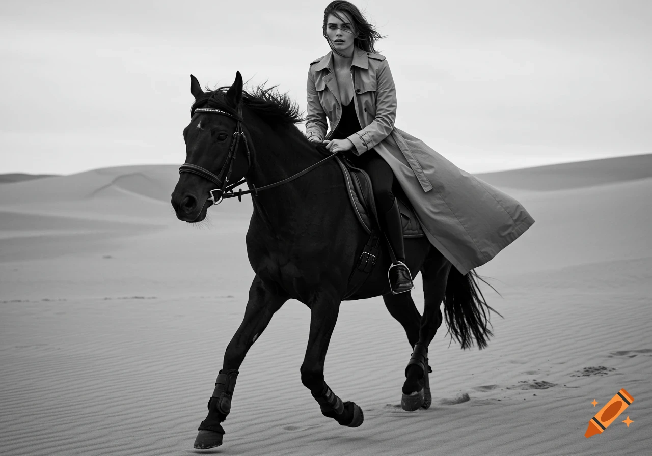 A dramatic black-and-white fashion portrait of a woman in a trench coat riding a black horse through a windswept desert.