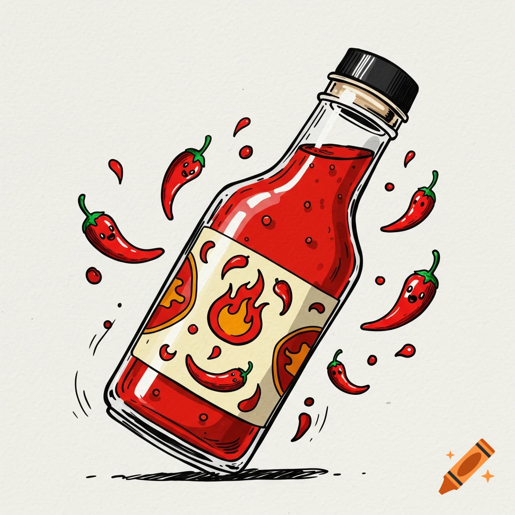A cartoon doodle of a hot sauce bottle tilted, with a flame logo on its label, surrounded by smiling red chili peppers and sauce splatters.