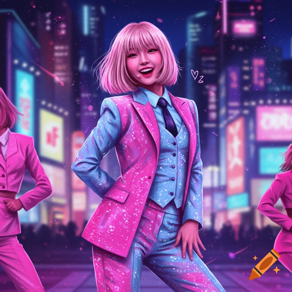 A smiling girl with pink bob hair in a pink and blue splatter-painted suit stands on a city street at night.