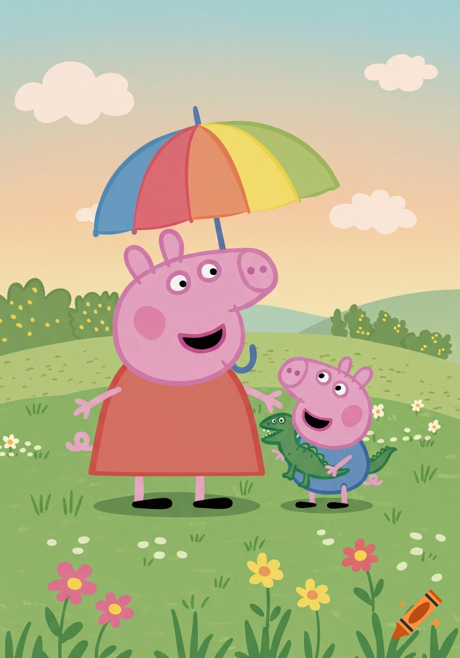 Peppa Pig holding a rainbow umbrella next to George Pig with a green dinosaur toy in a grassy field with flowers, cartoon style.