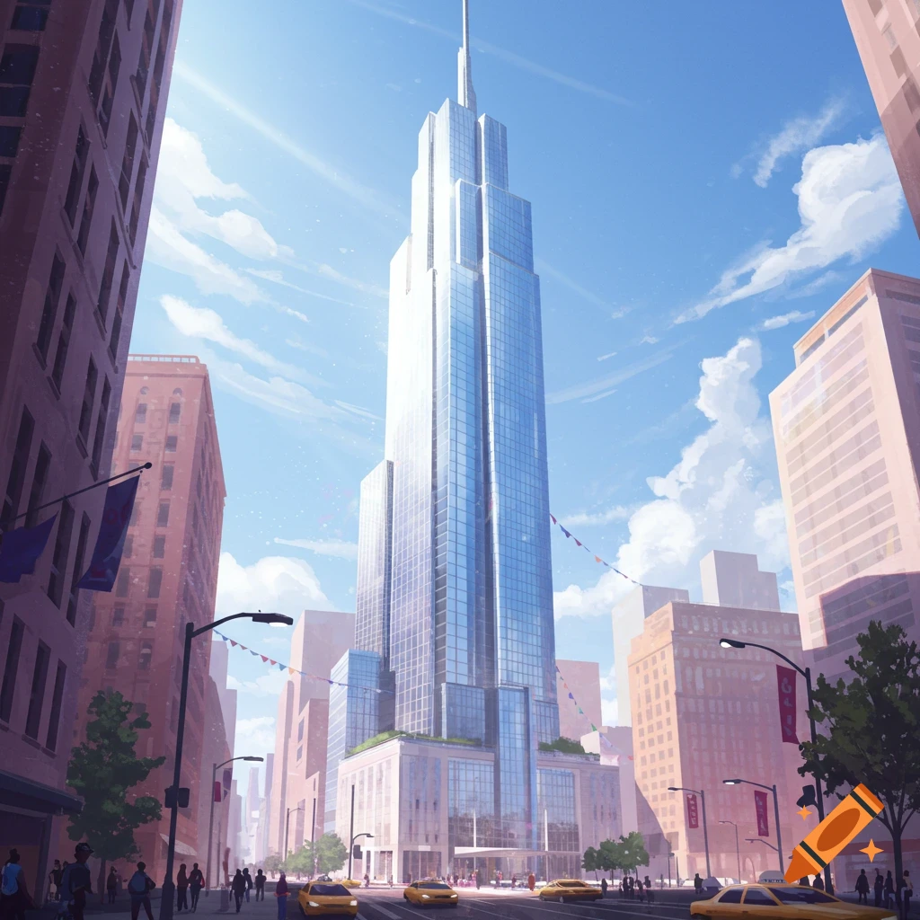 A vibrant digital painting of a tall, modern glass skyscraper under a clear blue sky, towering over a sunny city street with yellow taxis and pedestrians.