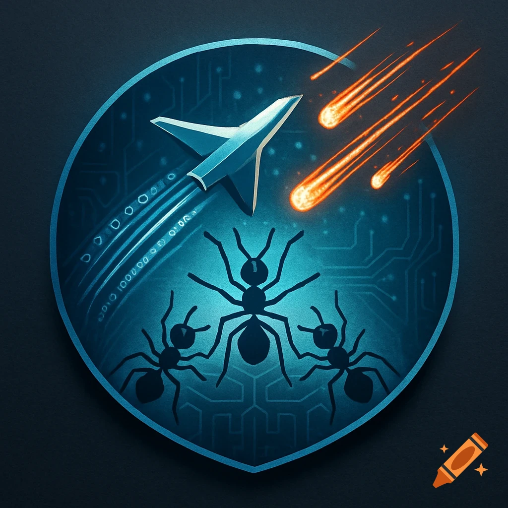Stylized blue logo featuring a paper airplane, orange meteors, and three ants on a circuit board background with binary code elements.