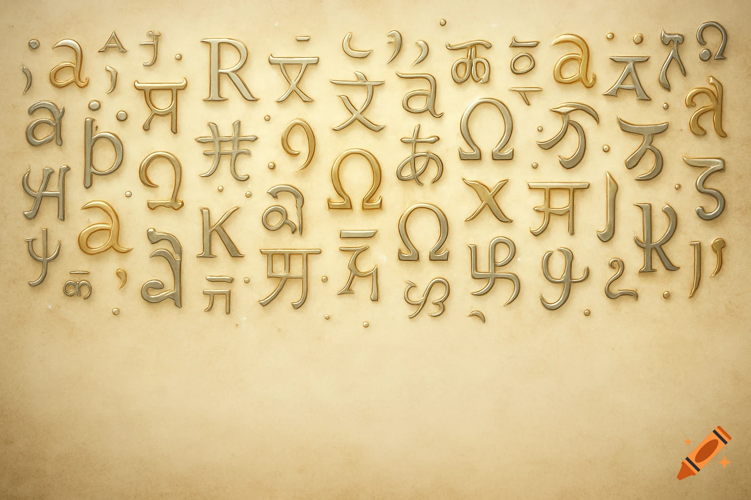 Textured paper background with metallic gold and silver letters and symbols from various languages.