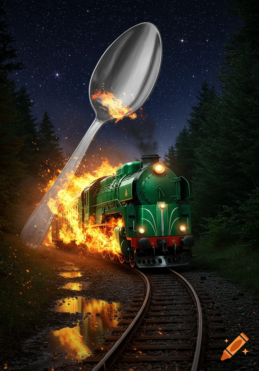 A surreal scene of a burning green train on tracks in a dark forest under a starry sky, with a giant flaming silver spoon hovering above it.