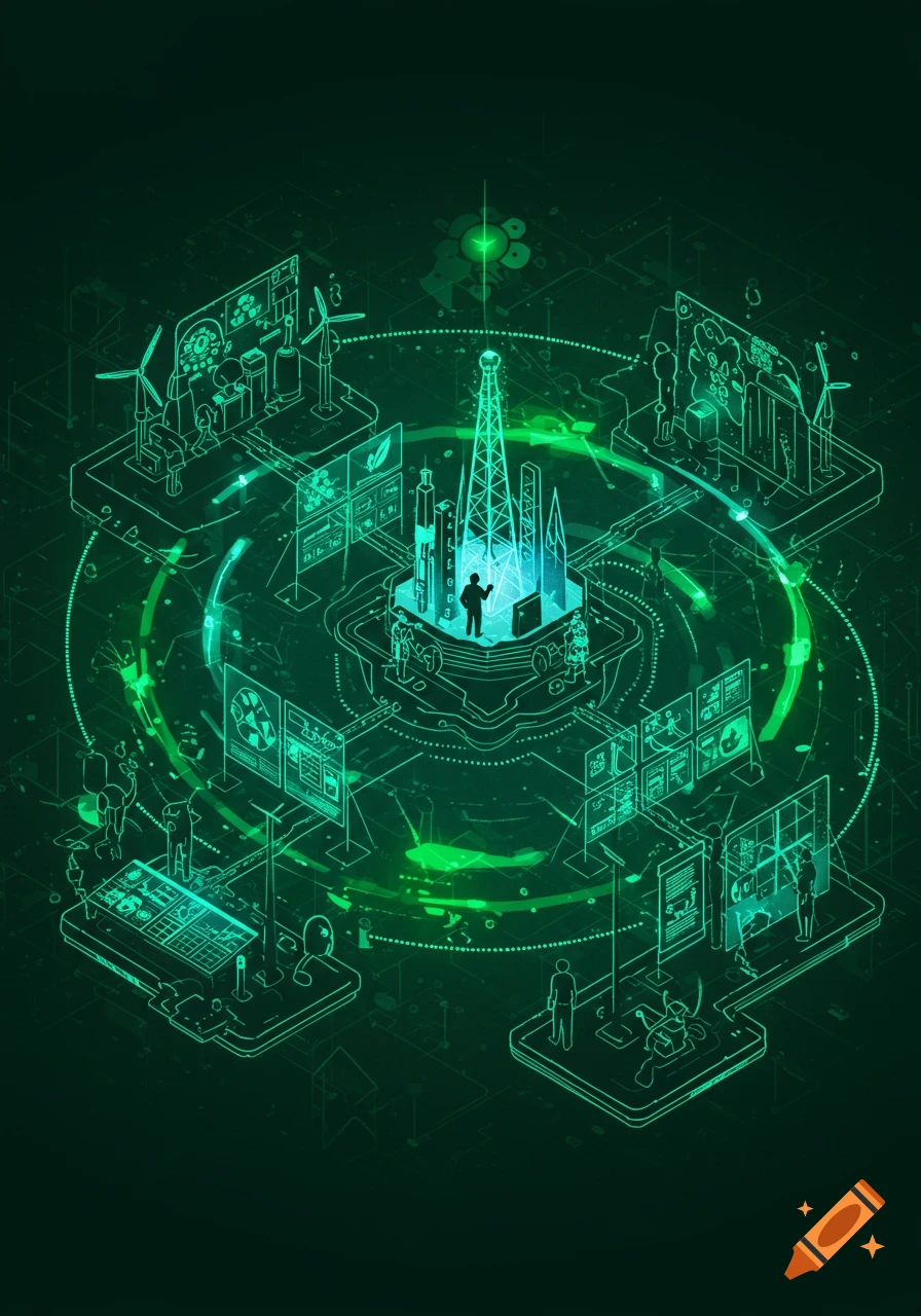 Isometric green wireframe illustration of a futuristic smart city with energy infrastructure, people, and data screens.