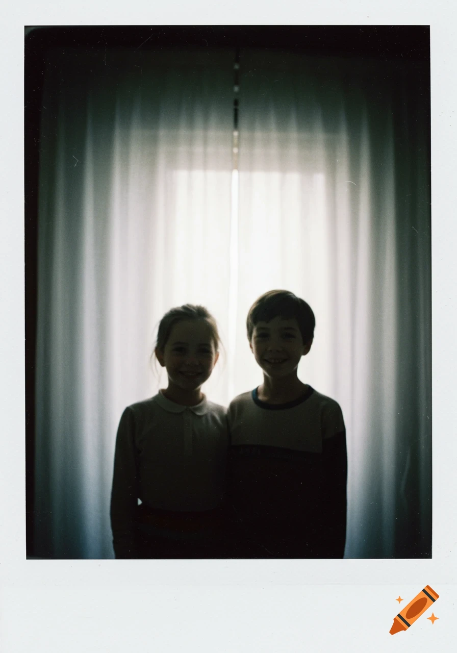 A vintage Polaroid photo of two children, a boy and a girl, silhouetted and smiling against a bright white curtain background.