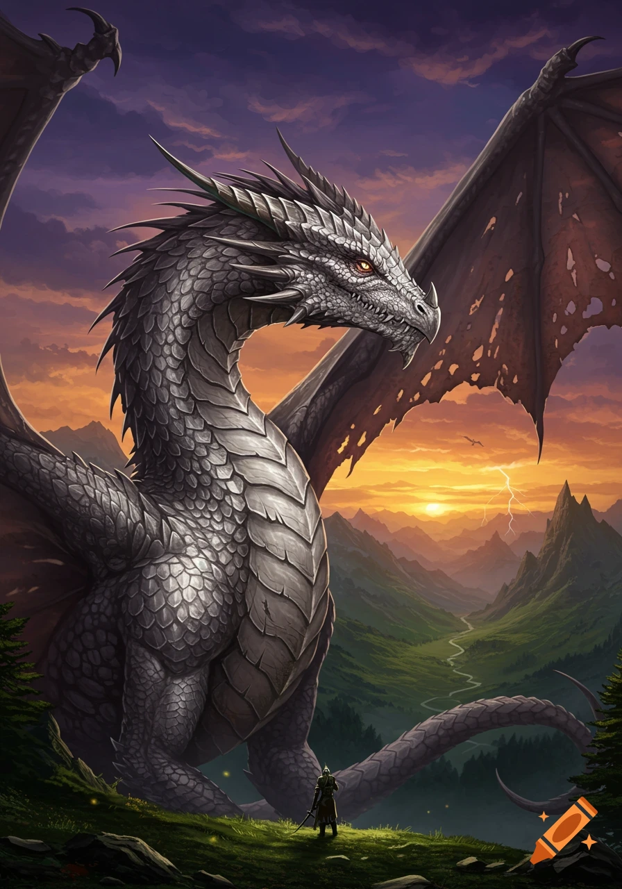 A massive silver dragon overlooks a tiny warrior on a grassy hill with mountains and a sunset in a detailed fantasy painting.