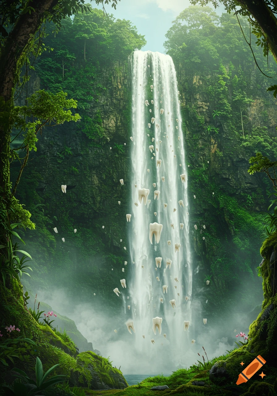 A photorealistic image of a lush jungle waterfall, with countless human teeth falling instead of water.