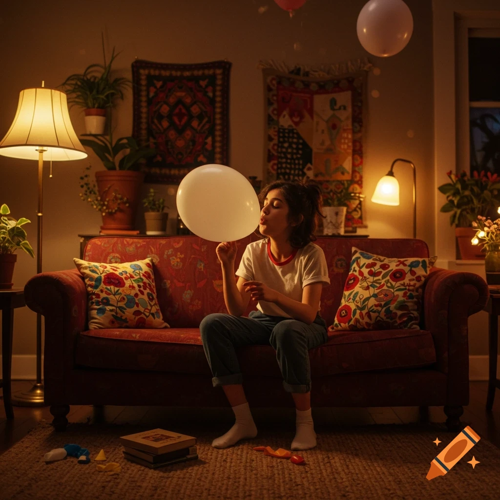 A young person sits on a red couch in a dimly lit living room, blowing up a large white balloon. Plants and tapestries decorate the room.