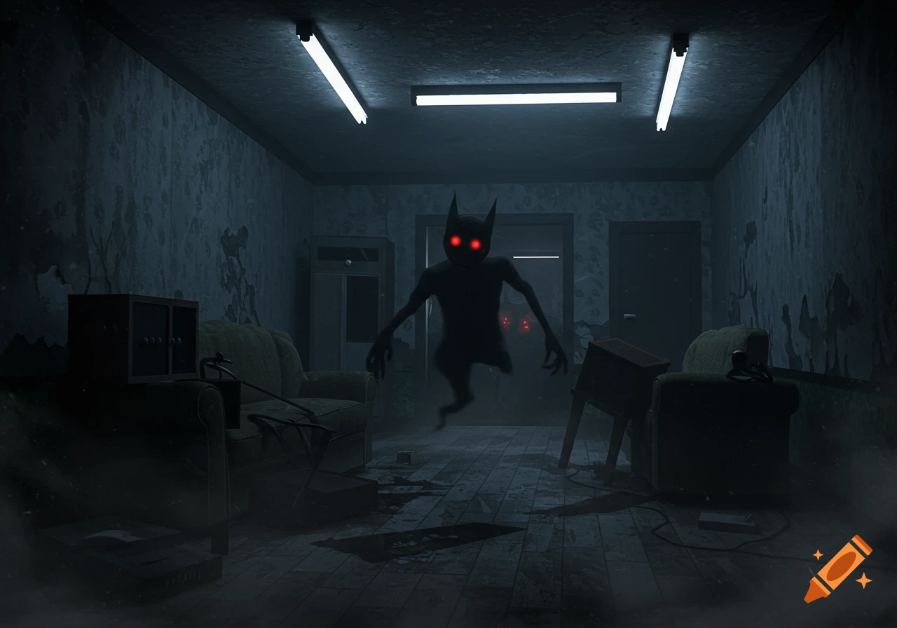 A shadowy monster with glowing red eyes hovers in a dark, abandoned room lit by fluorescent lights, surrounded by dilapidated furniture.