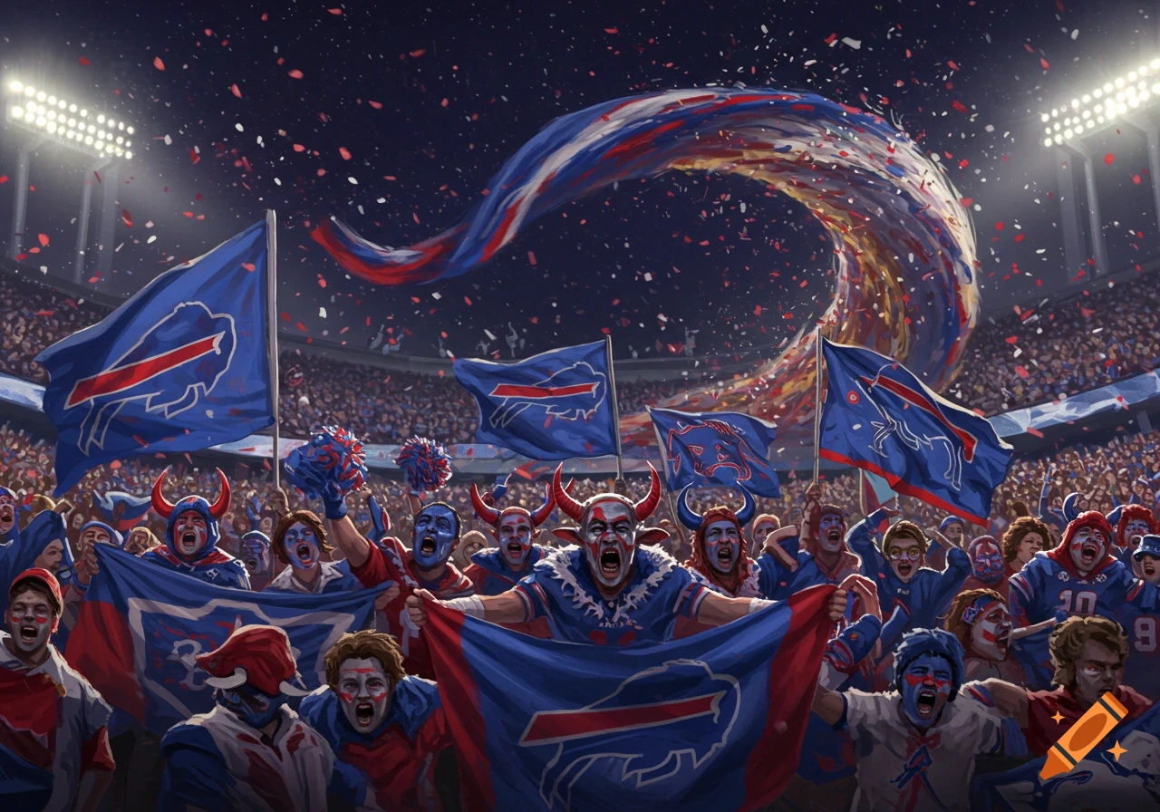 An illustration of ecstatic Buffalo Bills fans in a stadium, waving flags and cheering under falling confetti.