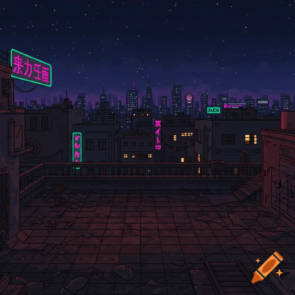 Pixel art cityscape at night from a gloomy rooftop, with neon signs illuminating the dark buildings and a star-filled sky.