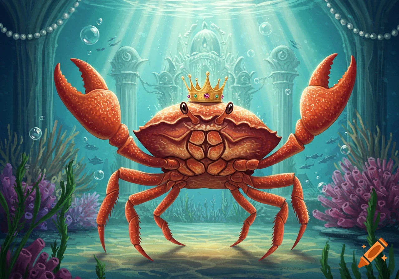 Cartoon illustration of a crowned orange crab underwater with ancient ruins and coral.